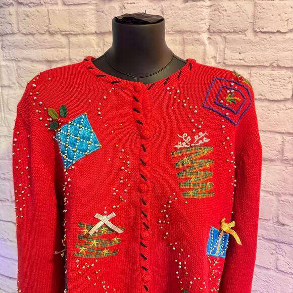 Planet & Company Petite SZ P/L Red Christmas Sweater with Sparkles and presents - Picture 2 of 6